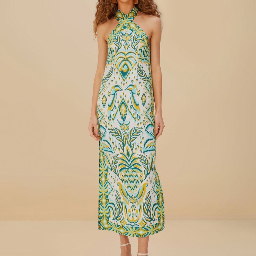 Elegant Green and Yellow Halter Maxi Dress off-white tropical tapestry